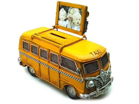 MNK Home Decorative Van - Made from Metal - Camper Van Taxi with Picture Frame - Piggy Bank for Savings - Ideal for Home Decor & Party Favor for Friends & Family Members, Yellow
